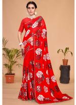 Georgette Red Wedding Wear Embroidery Work Saree